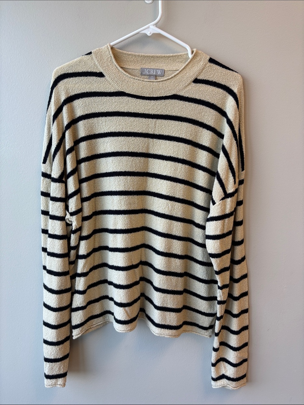 J. Crew Cream and Black Striped Crewneck Sweater